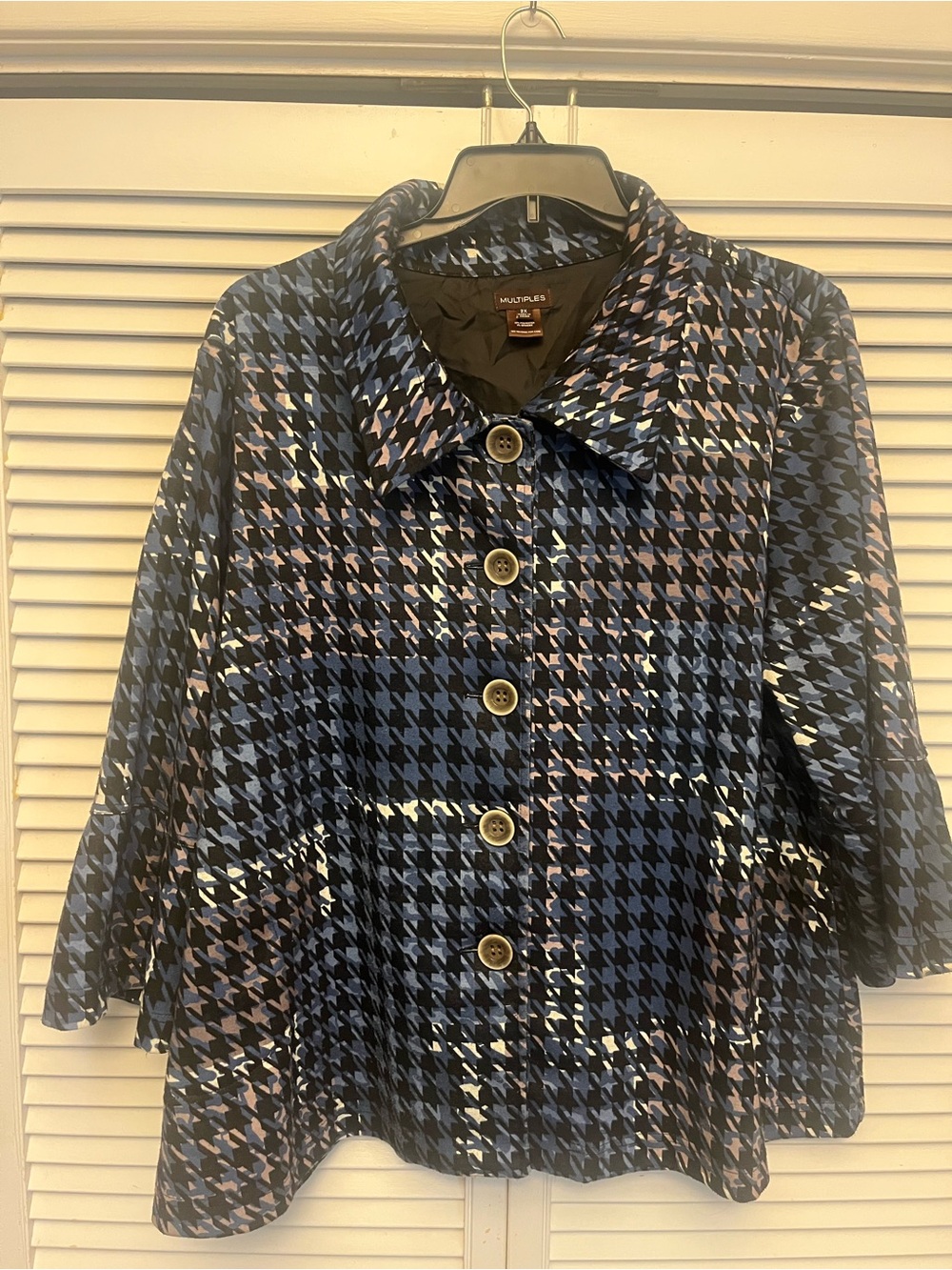 Multiples Navy and Light Blue Houndstooth Button-Front Pea Coat